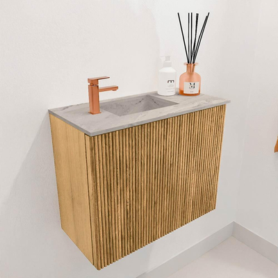 Mondiaz JOYA-DLUX 50cm toiletmeubel - kleur Oak - Wastafel FAYE positie Links 1 kraangat kleur Glace.