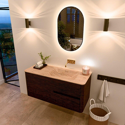 Mondiaz CIRO-DLUX Ensemble de meubles de salle de bains - 110x45x50cm - plan-vasque solid surface Arena - 1 lavabo à droite - sans trous de robinetterie - 2 tiroirs - Noyer