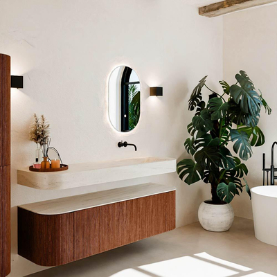 MONDIAZ THOR-DLUX 160cm meuble de salle de bains arrondi gauche + droite couleur Ruby avec 1 tiroir et 2 portes. Vasque suspendue CLOUD Droite sans trou de robinet couleur Meli.