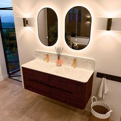 Mondiaz CIRO-DLUX Badkamermeubelset - 130x45x50cm - Solid surface wastafel Opalo - 2 wasbak Dubbel - 2 kraangaten - 4 lades - Ruby