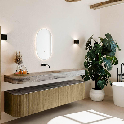 MONDIAZ THOR-DLUX 200cm meuble de salle de bains arrondi gauche + droite couleur Dusk avec 2 tiroirs et 2 portes. Vasque suspendue CLOUD Milieu sans trou de robinet couleur Sombra.