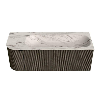 MONDIAZ KURVE-DLUX Meuble de salle de bains 125cm arrondi à gauche couleur Shadow avec 1 tiroir et 1 porte. Lavabo BIG MEDIUM à droite 1 trou de robinet Nata.
