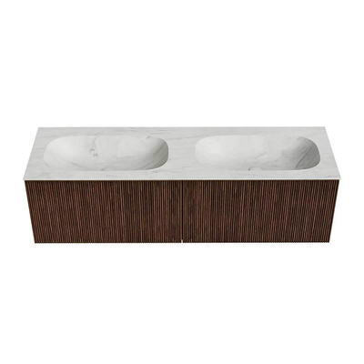MONDIAZ KURVE-DLUX Meuble de salle de bains 150 cm couleur Walnut avec 2 tiroirs. Plan vasque STOR SMALL double sans trou de robinetterie couleur Opalo.