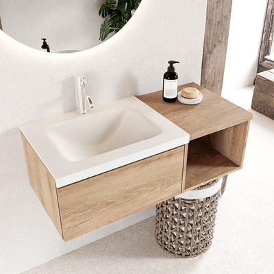 MONDIAZ BUKLA 100cm badmeubel met open module 40 kleur Washed Oak met 1 lade. Wastafel CLOUD links 1 kraangat kleur Talc.
