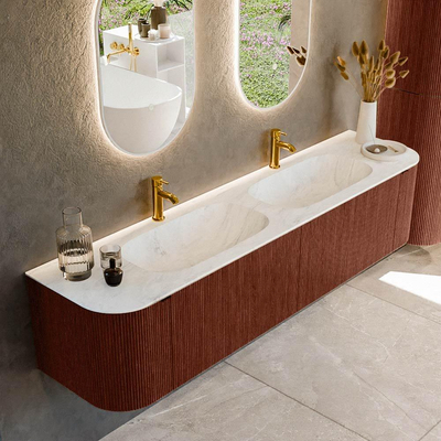 Mondiaz KURVE-DLUX Badkamermeubelset - 190x46x40cm - 2 lade - 2 deuren - wastafel solid surface - dubbel - 2 kraangaten - Ruby