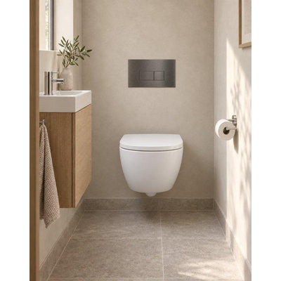 QeramiQ Dely Swirl Compact Toiletset - inbouwreservoir Geberit UP320 - met Burda frame - 25mm zitting - metalen bedieningsplaat gunmetal - rechthoekige knoppen - mat wit