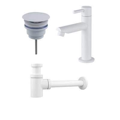 Fortifura Calvi Fonteinkraanset - staande fonteinkraan laag - always open plug - design - sifon - mat wit
