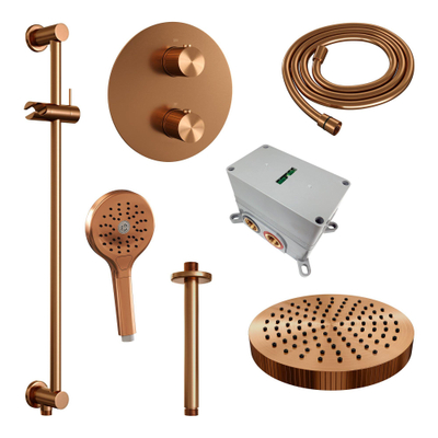 BRAUER Stripe Thermostatische Inbouw Regendouche - 3-weg - rond - SET 48 - 25cm douchekop - plafondarm - 3-standen handdouche - doucheslang - geïntegreerde glijstang - koper geborsteld PVD