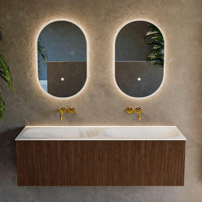 MONDIAZ KURVE 140cm Meuble salle de bain - couleur Walnut - 2 tiroirs - vasque BIG SMALL double - sans trous de robinet - Talc