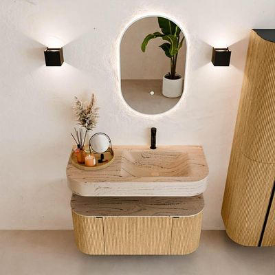 MONDIAZ THOR-DLUX 100cm badmeubel ronding links + rechts kleur Oak met 1 lade en 2 deuren. Vrijhangende wastafel CLOUD Rechts 1 kraangat kleur Arena.