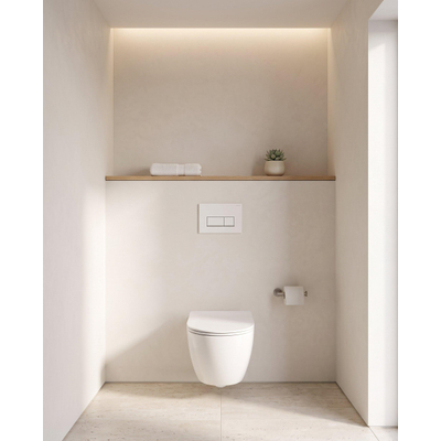 QeramiQ Dely Swirl Compact Toiletset - inbouwreservoir Geberit UP320 - met Burda frame - slim zitting - metalen bedieningsplaat mat wit - rechthoekigeknoppen - glans wit