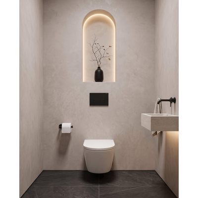 QeramiQ Dely Toiletset - 36.3x51.7cm - Geberit UP720 inbouwreservoir - rimless - diepspoel - 35mm zitting - softclose - kunststoffen bedieningsplaat mat zwart - rechthoekige knoppen - glans wit