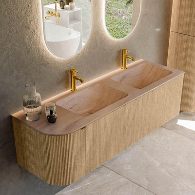 MONDIAZ KURVE-DLUX 145cm badmeubel ronding Links kleur Oak met 1 lade en 1 deur. Wastafel LEAF Dubbel / Rechts 2 kraangaten Saba.