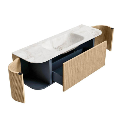 MONDIAZ KURVE-DLUX Meuble de salle de bains 140 cm avec module 25 Len R couleur Oak avec 1 tiroir et 2 portes. Lavabo BIG SMALL central sans trou de robinet couleur Frappe.