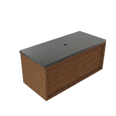 Saniclass Holz Frame Ensemble meuble de salle de bains - 100x45x43cm - Plan vasque en basalte Noche poli (noir) - sans trou de robinet - 1 tiroir - walnut pure mat (bois)