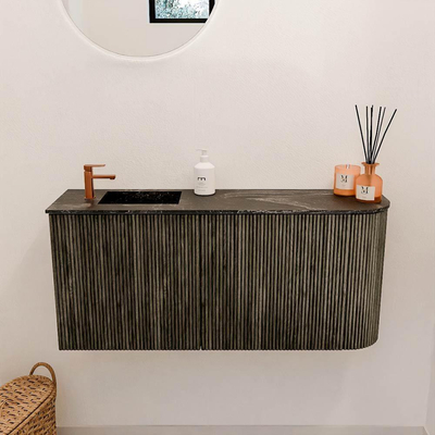 Mondiaz JOYA-DLUX 91.6cm meuble de toilette - arrondi droit couleur Shadow - Vasque FAYE position Gauche 1 trou de robinet couleur Lava.