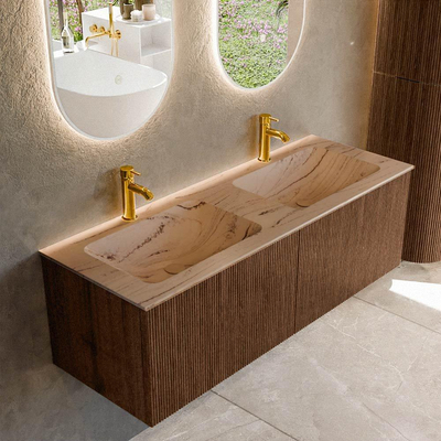 MONDIAZ KURVE-DLUX 130cm badmeubel kleur Walnut met 2 lades en 0 deuren. Wastafel LEAF Dubbel 2 kraangaten Arena.