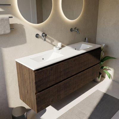 Saniclass Holz Atelier Ensemble de meubles de salle de bains - 160x45x62cm - Lavabo Vygo en céramique blanc - 2 vasques - sans trous de robinetterie - 4 tiroirs - chêne charcoal mat (bois)