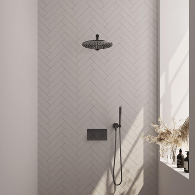 BRAUER gunmetal Carving Douche de pluie thermostatique encastrée - boutons-poussoirs - SET 50 - pomme de douche 30cm - bras mural droit - douchette barre - flexible de douche - coude de raccordement mural - gunmetal brossé PVD