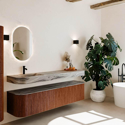 MONDIAZ THOR-DLUX Meuble de salle de bains 190cm arrondi gauche + droite couleur Ruby avec 2 tiroirs et 2 portes. Vasque suspendue CLOUD Gauche 1 trou de robinet couleur Sombra.