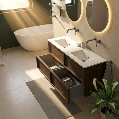 Saniclass Holz Frame Ensemble meuble de salle de bains - 140x45x62cm - lavabo Vygo en céramique blanc - 2 vasques - sans trous de robinetterie - 4 tiroirs - chêne charcoal brillant (bois)