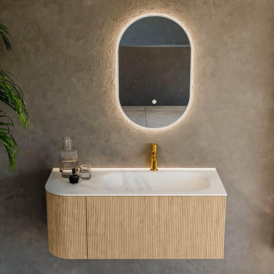 MONDIAZ KURVE 105cm Meuble salle de bain avec module 25 G - couleur Oak - 1 tiroir - 1 porte - vasque BIG SMALL droite - 1 trou de robinet - Talc