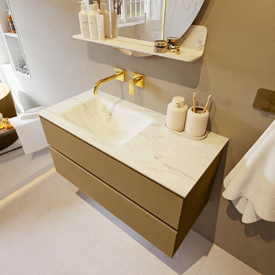 Mondiaz VICA-DLUX ensemble de meuble de salle de bain - 100cm - meuble sous-vasque oro - 2 tiroirs - lavabo encastré cloud gauche - sans trous de robinet - version haute de 60cm - opalo