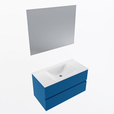 Mondiaz VICA ensemble de meuble de salle de bain - 90cm - meuble sous-vasque jeans - 2 tiroirs - lavabo cloud milieu - sans trous de robinet - couleur talc - miroir LED - version XL 60cm de haut