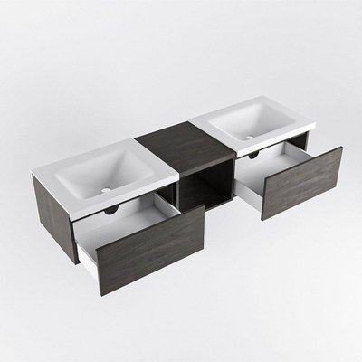 MONDIAZ BUKLA 160cm meuble de salle de bain avec module ouvert 40 couleur Marron Foncé avec 2 tiroirs. Lavabo CLOUD double 2 trous de robinet couleur Talc.