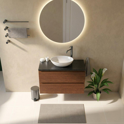 Saniclass Holz Pure Ensemble de meubles de salle de bains - 100x45x63cm - Plan vasque en basalte Noche poli (noir) - 1 trou de robinet - 2 tiroirs - walnut pure mat (bois)