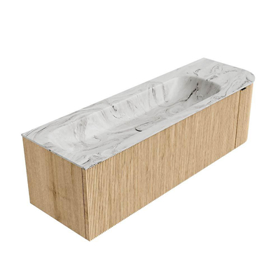 MONDIAZ KURVE-DLUX 145cm meuble de salle de bains avec module 25 R couleur chêne avec 1 tiroir et 1 porte. Vasque BIG LARGE gauche 1 trou de robinet couleur Glace.