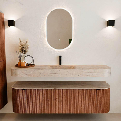 MONDIAZ THOR-DLUX 160cm meuble de salle de bains arrondi gauche + droite couleur Ruby avec 1 tiroir et 2 portes. Vasque suspendue CLOUD Milieu 1 trou de robinet couleur Saba.