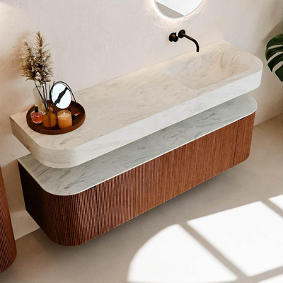 MONDIAZ THOR-DLUX 160cm meuble de salle de bains arrondi gauche + droite couleur Ruby avec 1 tiroir et 2 portes. Vasque suspendue CLOUD Droite sans trou de robinet couleur Opalo.