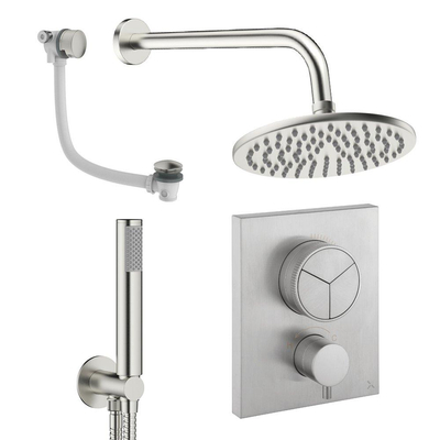 Crosswater MPRO Ensemble de douche de pluie encastré - 2 poignées - vidage de baignoire - pomme de douche 20 cm - douchette à main - bras mural - inox brossé