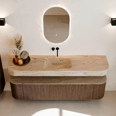 MONDIAZ THOR-DLUX 180cm meuble de salle de bains arrondi gauche + droite couleur Walnut avec 2 tiroirs et 2 portes. Vasque suspendue CLOUD Milieu sans trou de robinet couleur Arena.