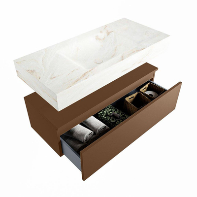 Mondiaz ALAN-DLUX Ensemble de meuble - 100cm - meuble Rust mat - 1 tiroir - Lavabo Cloud Frappe suspendu - vasque Centre - 0 trous de robinet