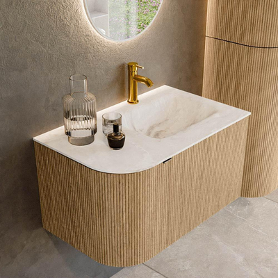 MONDIAZ KURVE-DLUX meuble de salle de bains 75 cm avec module 25 L couleur Oak avec 1 tiroir et 1 porte. Lavabo GRUNNE à droite 1 trou de robinet couleur Frappe.