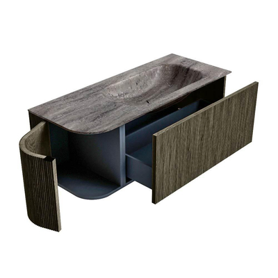MONDIAZ KURVE-DLUX Meuble de salle de bains 115cm arrondi à gauche couleur Shadow avec 1 tiroir et 1 porte. Lavabo BIG SMALL à droite 1 trou de robinet Oza.