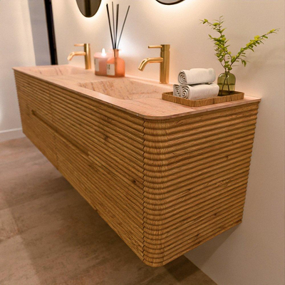 Mondiaz CIRO-DLUX Meuble de salle de bains - 180x45x50cm - Plan vasque solid surface Saba - 2 vasques Double - 2 trous de robinetterie - 4 tiroirs - Chêne