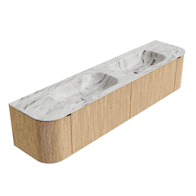 MONDIAZ KURVE-DLUX 200cm badmeubel met module 25 Len R kleur Oak met 2 lades en 2 deuren. Wastafel STOR SMALL dubbel zonder kraangat kleur Glace.