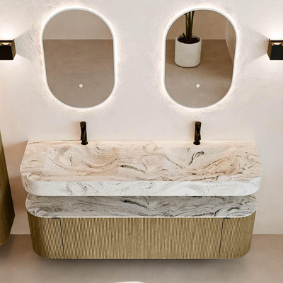 MONDIAZ THOR-DLUX Meuble de salle de bains 160cm arrondi gauche + droite couleur Dusk avec 1 tiroir et 2 portes. Vasque suspendue CLOUD Double 2 trous de robinet couleur Glace.