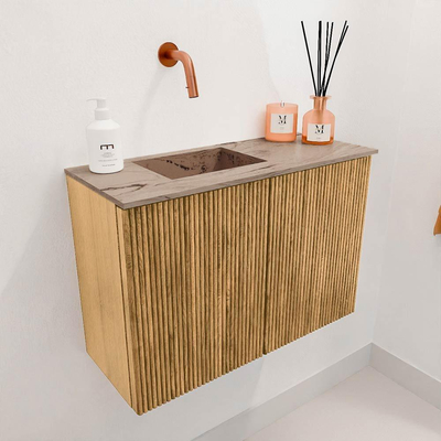Mondiaz JOYA-DLUX 60cm toiletmeubel - kleur Oak - Wastafel FAYE positie Links Zonder kraangat kleur Arena.