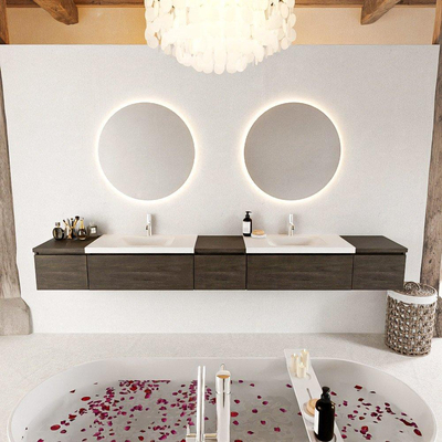 MONDIAZ BUKLA 280cm ensemble de meuble avec module 40 couleur Marron Foncé avec 5 tiroirs. Lavabo CLOUD double 2 trous de robinet couleur Talc.