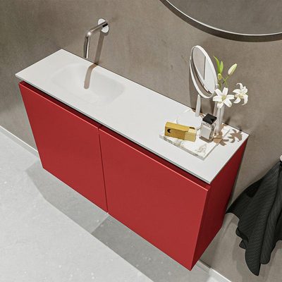 MONDIAZ TURE Toiletmeubel 80x23x50cm met 0 kraangaten 2 deuren fire mat Wastafel Eden links Solid Surface Wit