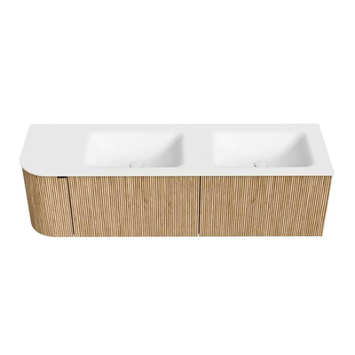 MONDIAZ KURVE 155cm meuble de salle de bains avec module 25 L couleur Oak avec 2 tiroirs et 1 porte. Lavabo CLOUD double / à droite sans trou de robinet Talc.