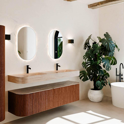 MONDIAZ THOR-DLUX Meuble de salle de bains 170cm arrondi gauche + droite couleur Ruby avec 1 tiroir et 2 portes. Vasque suspendue CLOUD Double 2 trous de robinet couleur Saba.