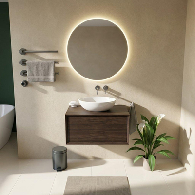 Saniclass Holz Frame Ensemble de meubles de salle de bains - 80x45x42cm - plan de toilette en bois - sans trou de robinetterie - 1 tiroir - chêne charcoal mat (bois)