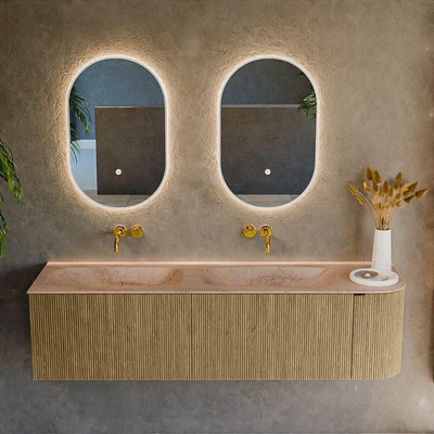 MONDIAZ KURVE-DLUX Meuble de salle de bains 165 cm arrondi à droite couleur Dusk avec 2 tiroirs et 1 porte. Lavabo STOR SMALL Double / gauche sans trou de robinet Saba.
