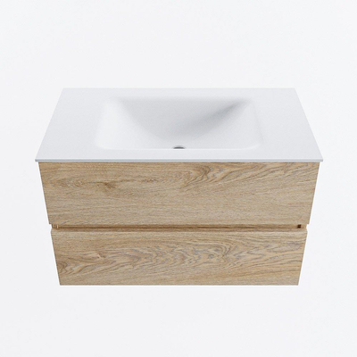 MONDIAZ VICA meuble sous lavabo 80cm Chêne blanchi 2 tiroirs. Lavabo CLOUD central sans trou de robinet, couleur Talc.