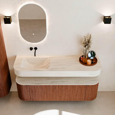 MONDIAZ THOR-DLUX 150cm meuble de salle de bains arrondi gauche + droite couleur Ruby avec 1 tiroir et 2 portes. Vasque suspendue CLOUD Gauche sans trou de robinet couleur Meli.